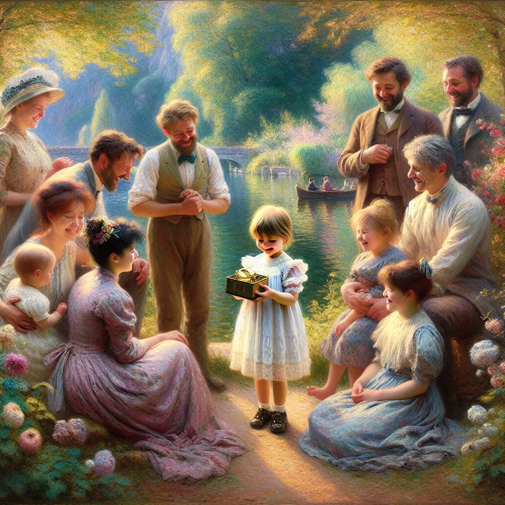 child, transformation, family, friends, memories in the style of Monet