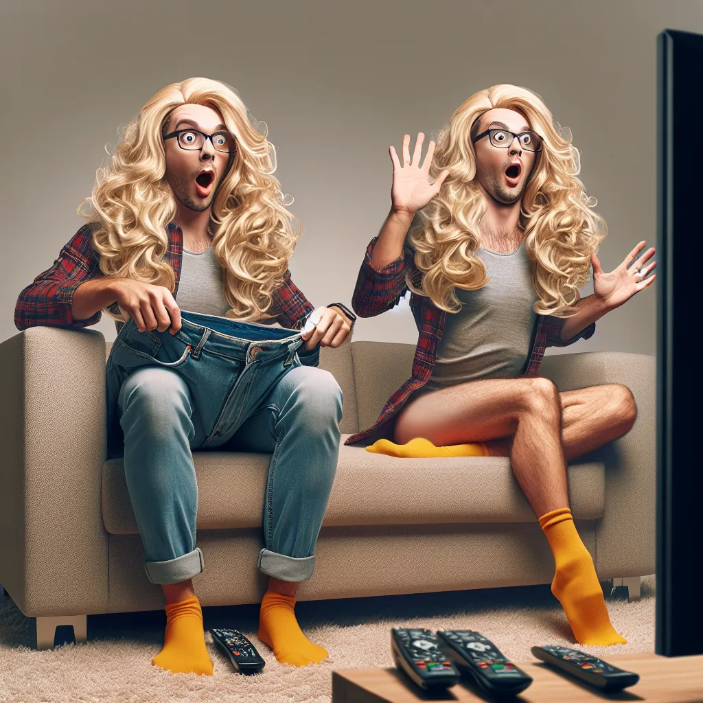 An image to accompany this story could be a humorous depiction of a surprised and oblivious Tony, transformed into a hot blonde babe, casually watching sports on TV while completely unaware of his own transformation. The image should capture the comedic elements of the story, highlighting Tony's exaggerated appearance and the absurdity of his nonchalant reaction.