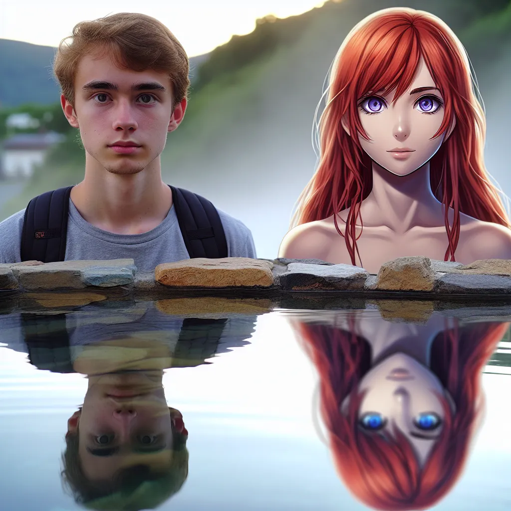 Description: The image depicts a young person, formerly known as Naruto Uzumaki, standing at the edge of a tranquil hot spring. The person's appearance has drastically changed, now resembling a beautiful girl with long, silky red hair and violet eyes. The reflection in the hot spring reveals the haunting duality of the character's transformation, capturing both the unsettling acceptance and the hidden struggle within their altered reality.