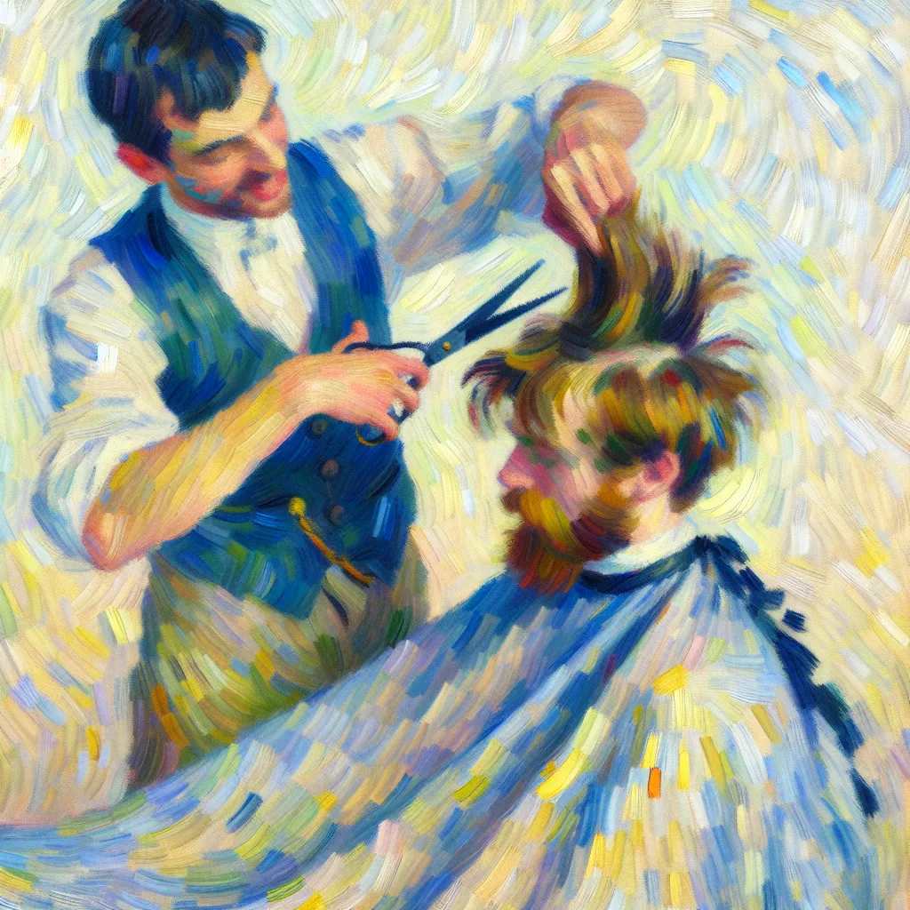 Noah, Barber, Haircut, Scissors, Silly in the style of Monet