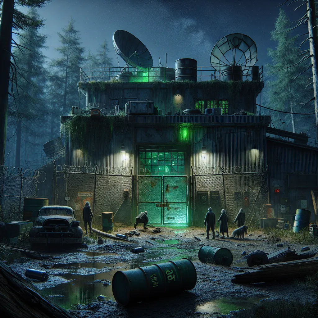 A grim, ramshackle lab constructed from corrugated metal and cracked concrete sits in a forest clearing surrounded by leaning ancient pines under a darkening sky. Green light glows ominously from thick, stained windows. Rusted chemical drums labeled “PYROXIN” and “SERUM 49” scatter the muddy yard, alongside piles of engine parts and a bent satellite dish. A sagging chain-link fence encloses the site, its gate hanging crooked with a fresh padlock. In the foreground, three tense figures—two cautio