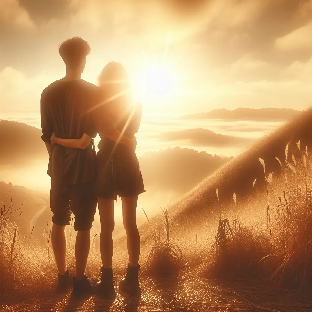The image that accompanies this story is a romantic couple standing on a hillside at sunrise, bathed in golden light. They are embracing, their faces filled with love and tenderness. The scene captures the essence of a year of love and growth, symbolizing the unwavering commitment and the journey of personal and relational development they have embarked on together.