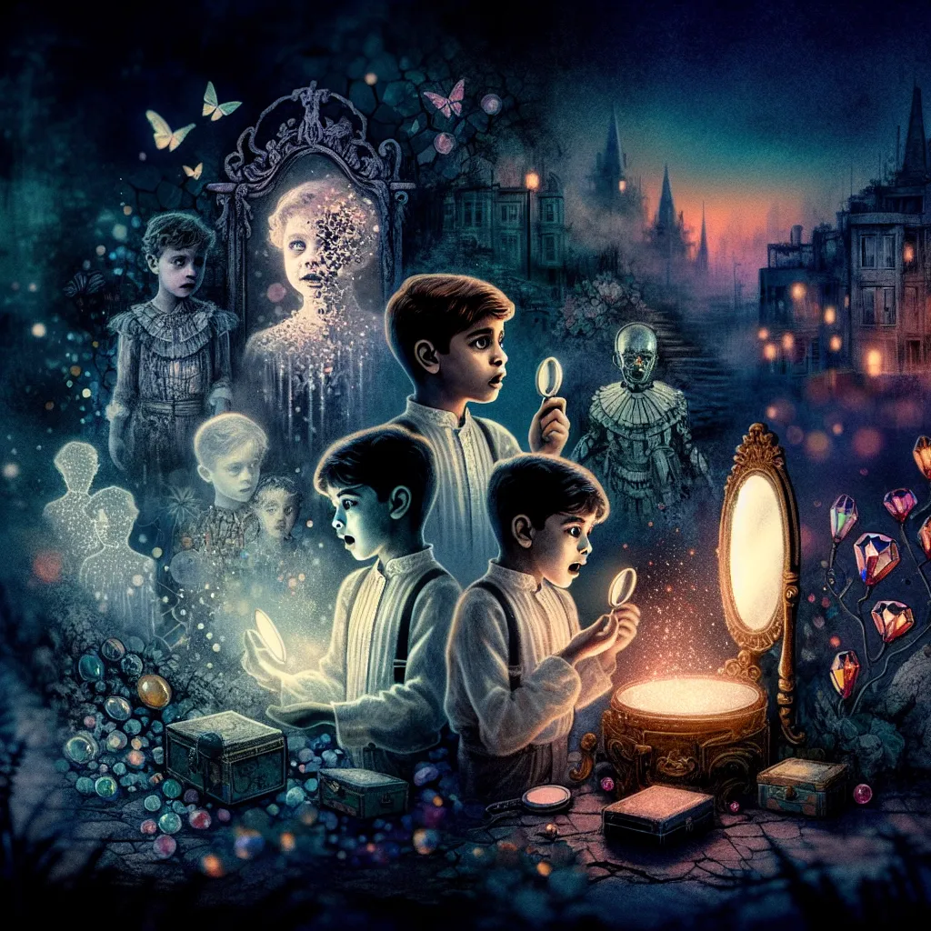 A dark, eerie scene featuring the three Rowdyruff Boys trapped in delicate, pastel-colored girls’ bedrooms, each bewildered and distressed as they peer into cracked mirrors reflecting unfamiliar feminine faces. Around them, subtle horror elements shimmer: fading ghostly reflections hinting at their lost originals, flickering jewel compacts glowing ominously in their trembling hands, and the shadowy, mechanical silhouette of Mojo Jojo lurking in the background beneath a cityscape at night. The at