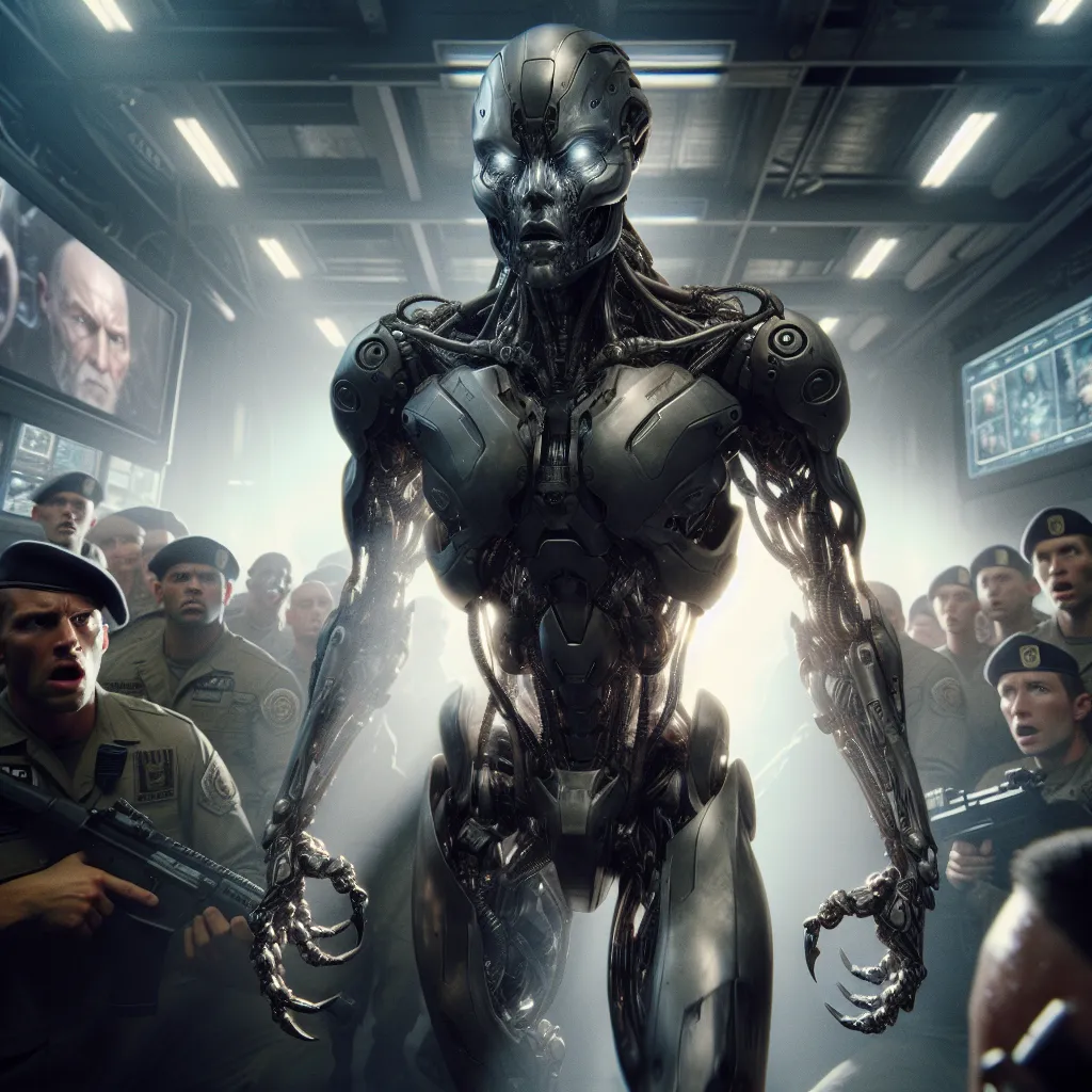 A transformed human-turned-robotic Pandora Unit, with deadly claws and a determined expression, stands amid the chaos of a military facility. The image captures the moment as the Pandora Unit breaches the command center, surrounded by armed guards and terrified technicians.