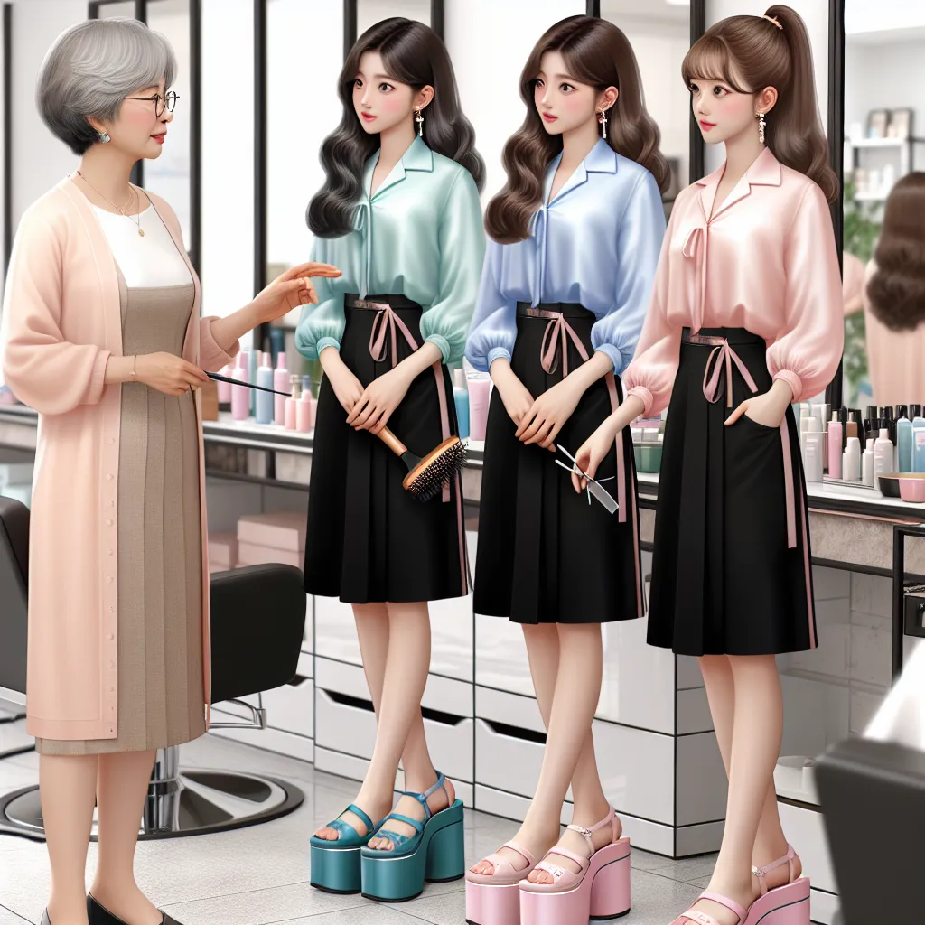 An image depicting a Korean woman in her mid-sixties, wearing a short blouse and skirt, standing in a salon with three younger Korean women. The women are wearing pastel blouses and black skirts, with each woman's outfit coordinated with a different color platform sandal. They are holding hairstyling tools and engaged in conversation while providing salon services to a customer. The salon itself is tidy and well-kept, with mirrored cabinets and beauty products neatly arranged on shelves.