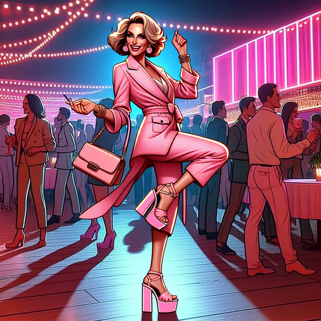 The image accompanying this story should show a confident and stylish woman in her forties, dressed in a sparkly pink clubbing outfit. She is wearing large, pink platform sandals and holding a fashionable purse. She has a playful smirk on her face as she dances in a crowded nightclub. The scene should be filled with vibrant lights, reflecting the energetic atmosphere of the club.