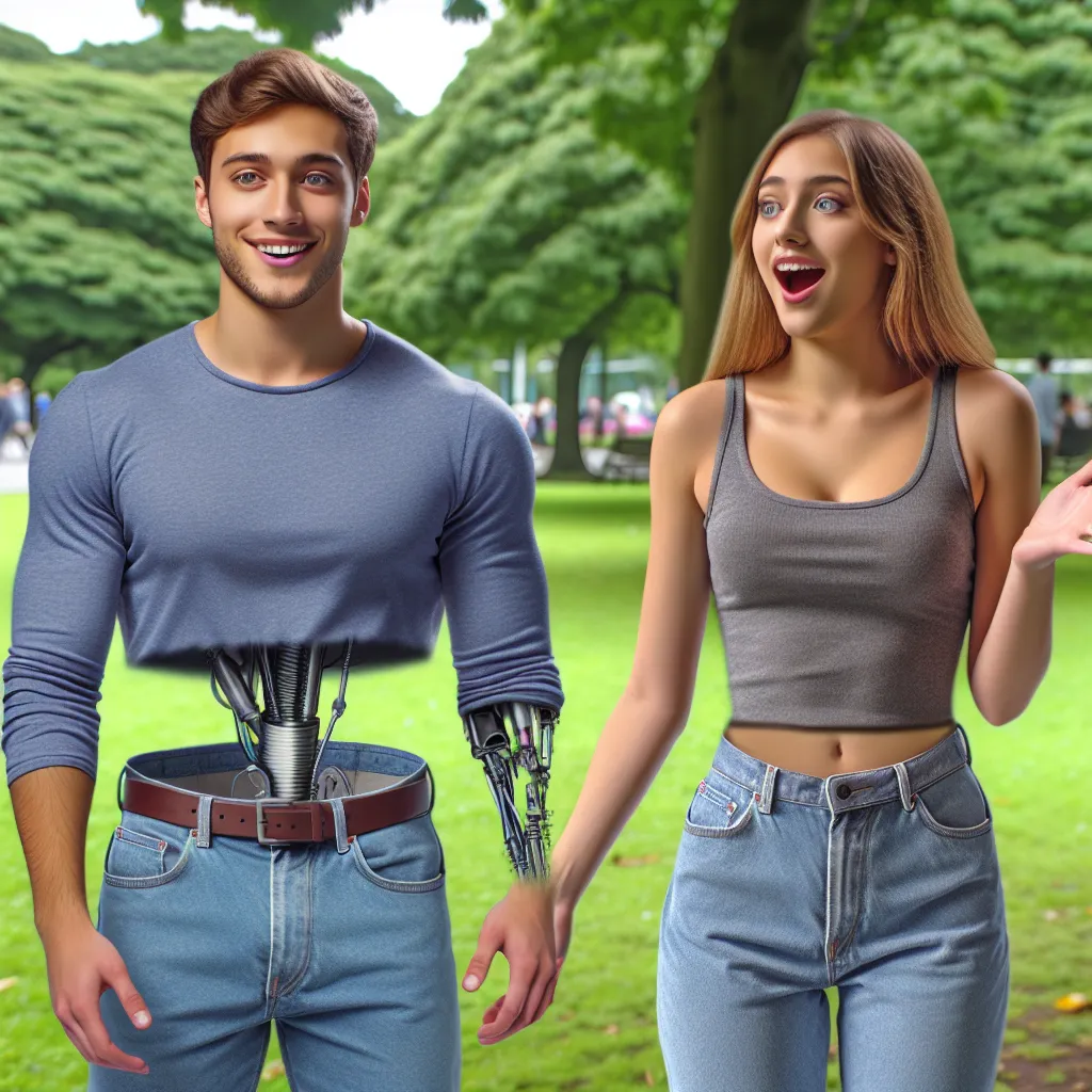 In the image, we see two young adults, Lilly and Chad, standing in a park. They appear to have swapped bodies, with Lilly now in Chad's body and Chad in Lilly's body. They are both adjusting to the change, with Lilly looking excited and examining her new physique, while Chad is trying to navigate the unfamiliar curves of Lilly's body. They seem to be having a lighthearted conversation, with Chad gesturing towards Lilly's chest as he expresses his surprise and amusement.