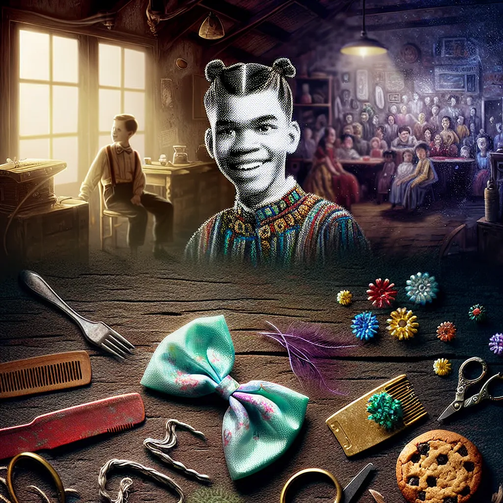 A dimly lit, cozy attic room filled with scattered personal items: a pastel frilly bow, a boy’s comb, a lock of hair, and a half-eaten cookie arranged on an old wooden floor. In the shadows, a young girl with twin ponytails and bright, cheerful dresses stands with glowing, mysterious eyes hinting at hidden dark magic, while a boy’s faint, ghostly silhouette watches anxiously nearby. The atmosphere blends eerie supernatural tension with the innocence of childhood, capturing the haunting curse tha