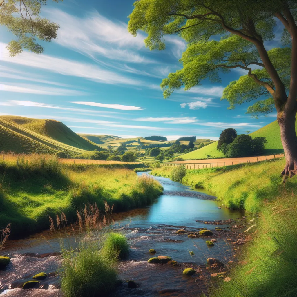 A serene landscape with a clear blue sky, rolling green hills, and a gentle stream flowing through a picturesque countryside.