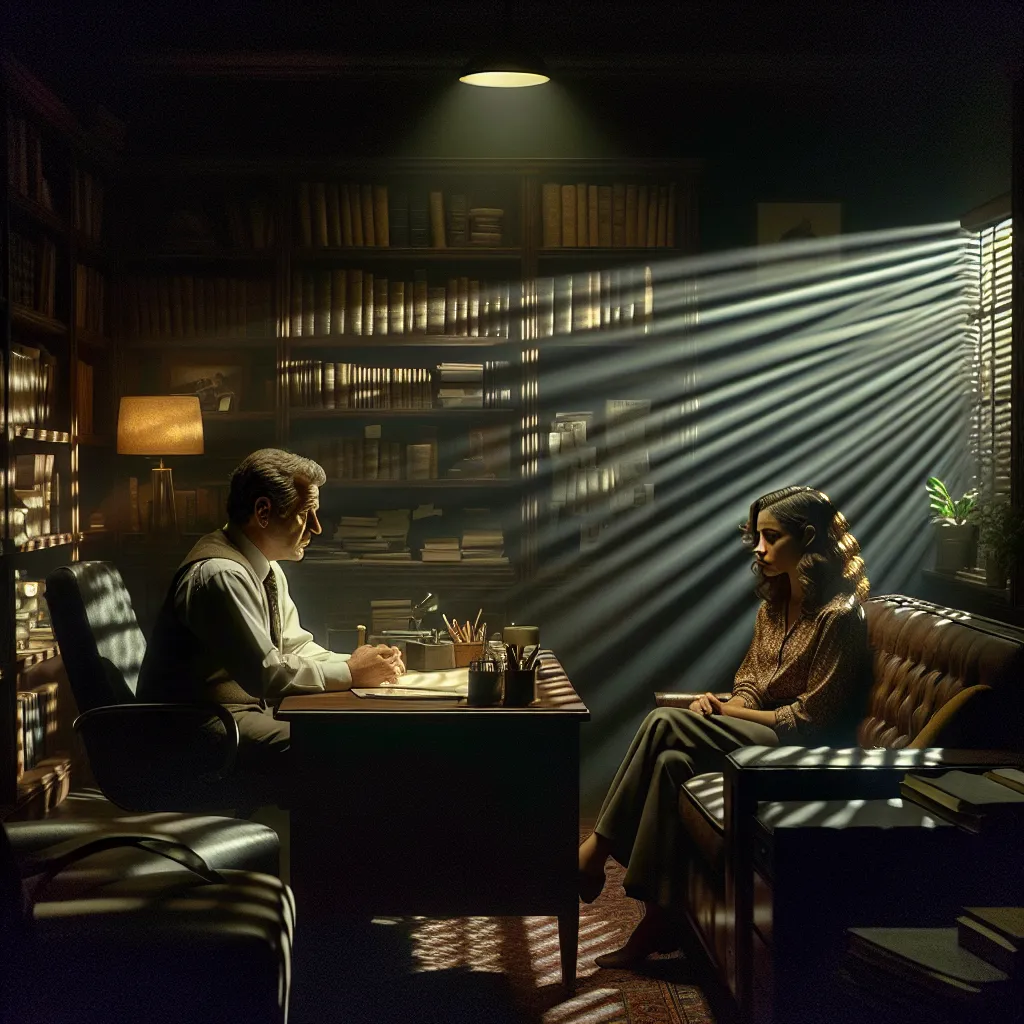Description: In the dimly lit office of psychologist Dr. Martin Glasgow, a somber Camille Rivera seeks answers to the mysterious disappearance of her sister, Evelyn. The room, adorned with shelves of books and soft patterns of light, envelops Camille in a sense of hope and introspection as she pours out her grief. The image captures Camille's yearning for closure and her determination to uncover the truth, while highlighting the juxtaposition between the shadows of her loss and the glimmers of p