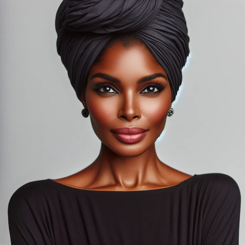An image of a confident, middle-aged African American woman wearing a stylish turban, with a sassy expression on her face.