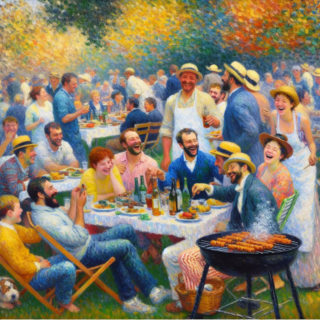 Barbecue, Laughter, Friendship, Transformation, Gender in the style of Monet