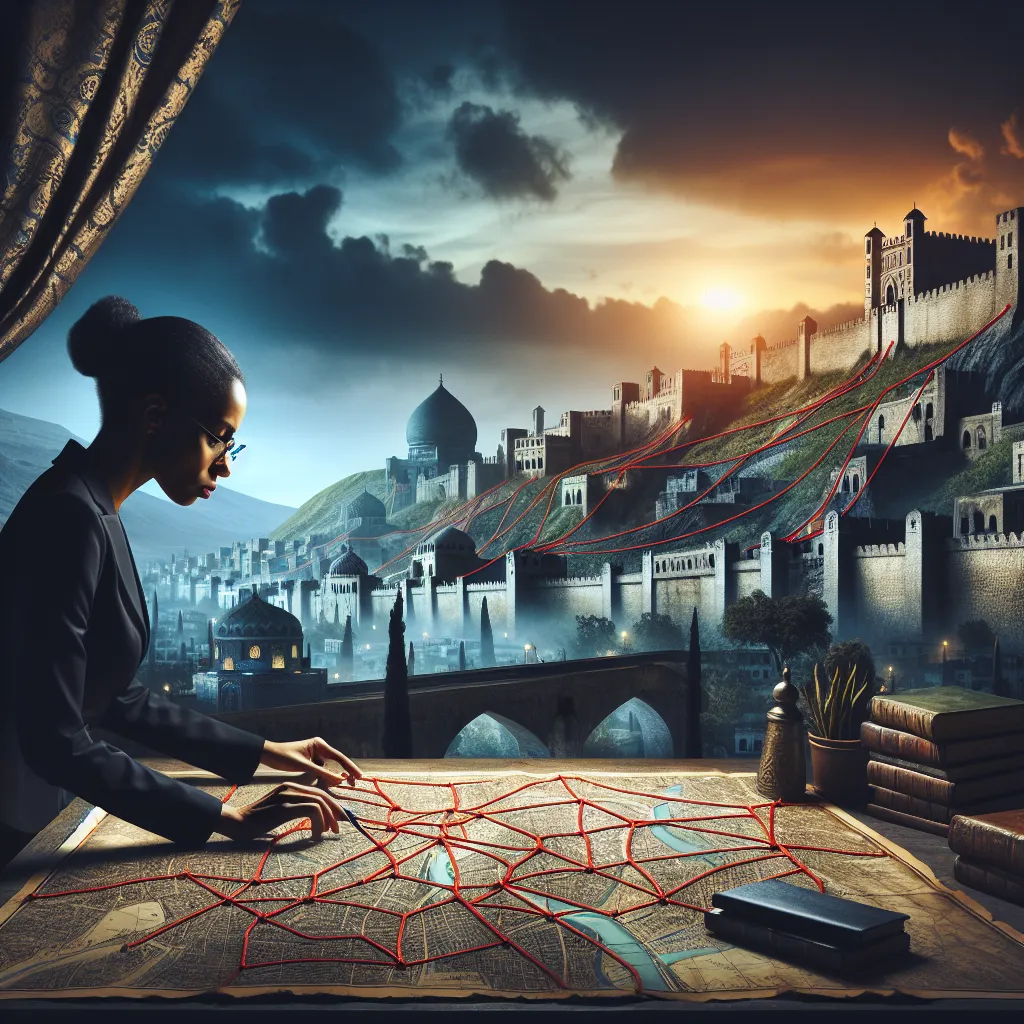 An atmospheric image of a shadowy city at dusk, with old stone alleys winding up green hills in the background. The foreground features a determined woman with a map pinned to the wall, red strings connecting city landmarks, as she prepares for a meeting with an eccentric historian. The scene conveys a sense of mystery and determination in unraveling the city's legends and disappearances.