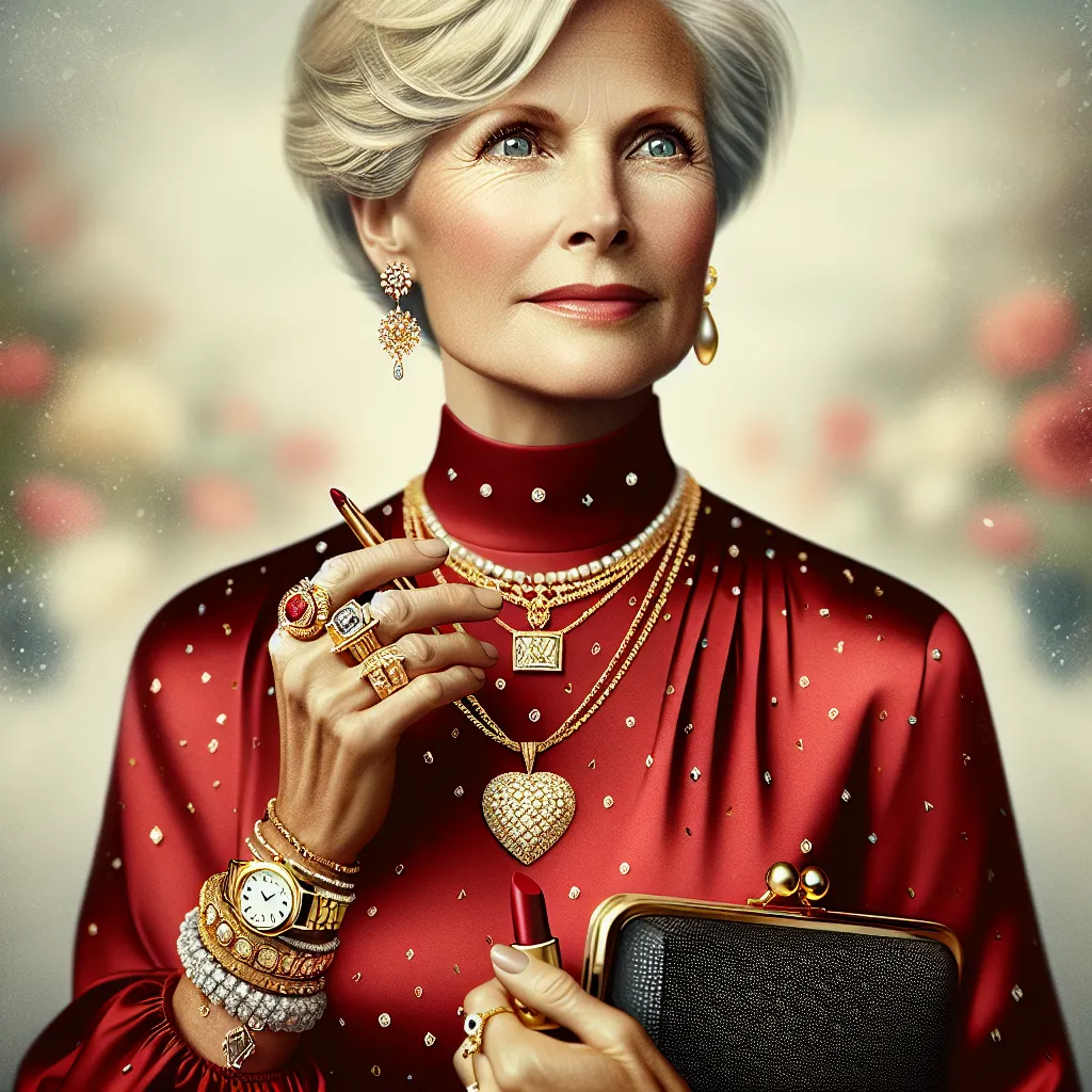 An image depicting a confident and elegant woman in her 60s, dressed in a red silk gown with a plunging neckline and embellished with sparkling gemstones. She is wearing gold platform sandals with ankle straps and has on seven pieces of jewelry, including a diamond-studded wedding ring, gold bracelet, pearl earrings, gold necklace with a heart pendant, anklet with charms, ruby brooch, and a silver watch with an intricate design. Her short, layered blonde hair is perfectly styled, and her blue ey