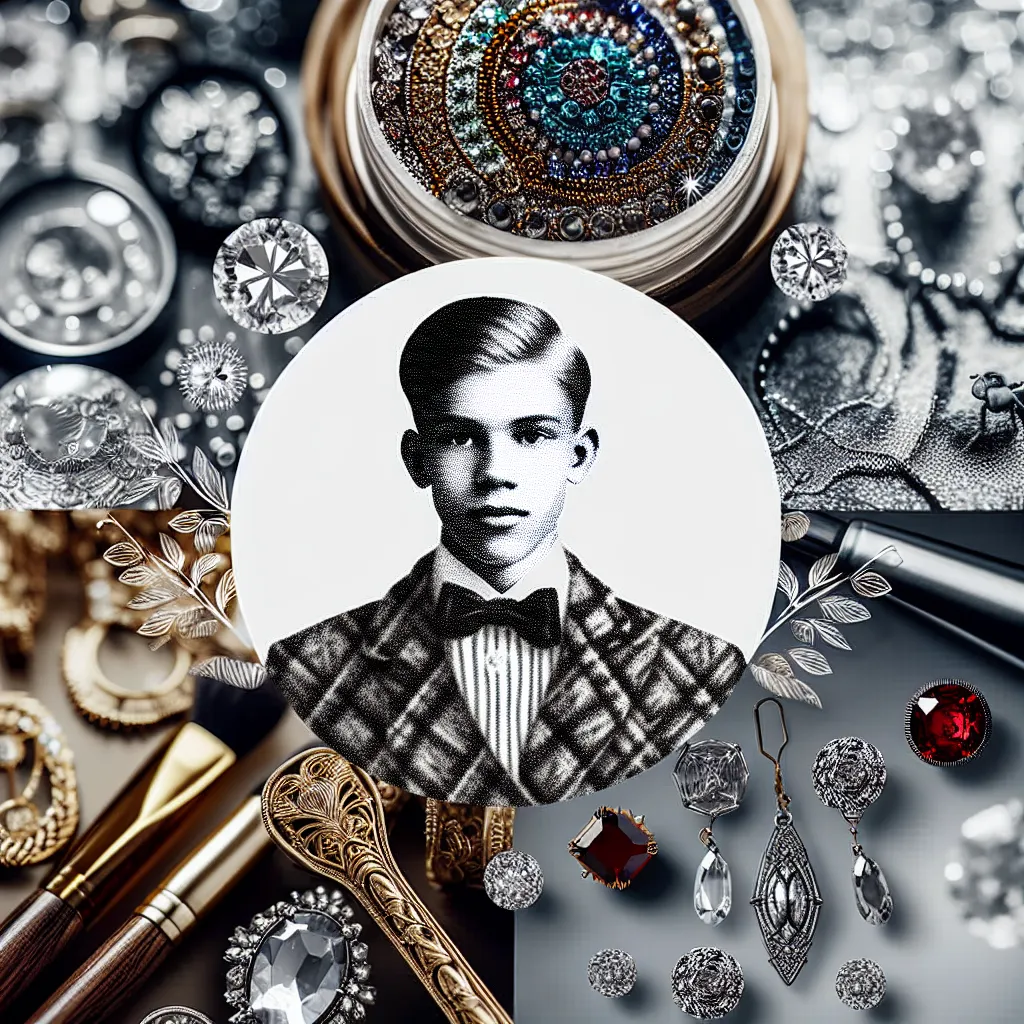 An image of a troubled young boy transformed into a confident and elegant woman, surrounded by jewelry and makeup, in a poised and glamorous manner.