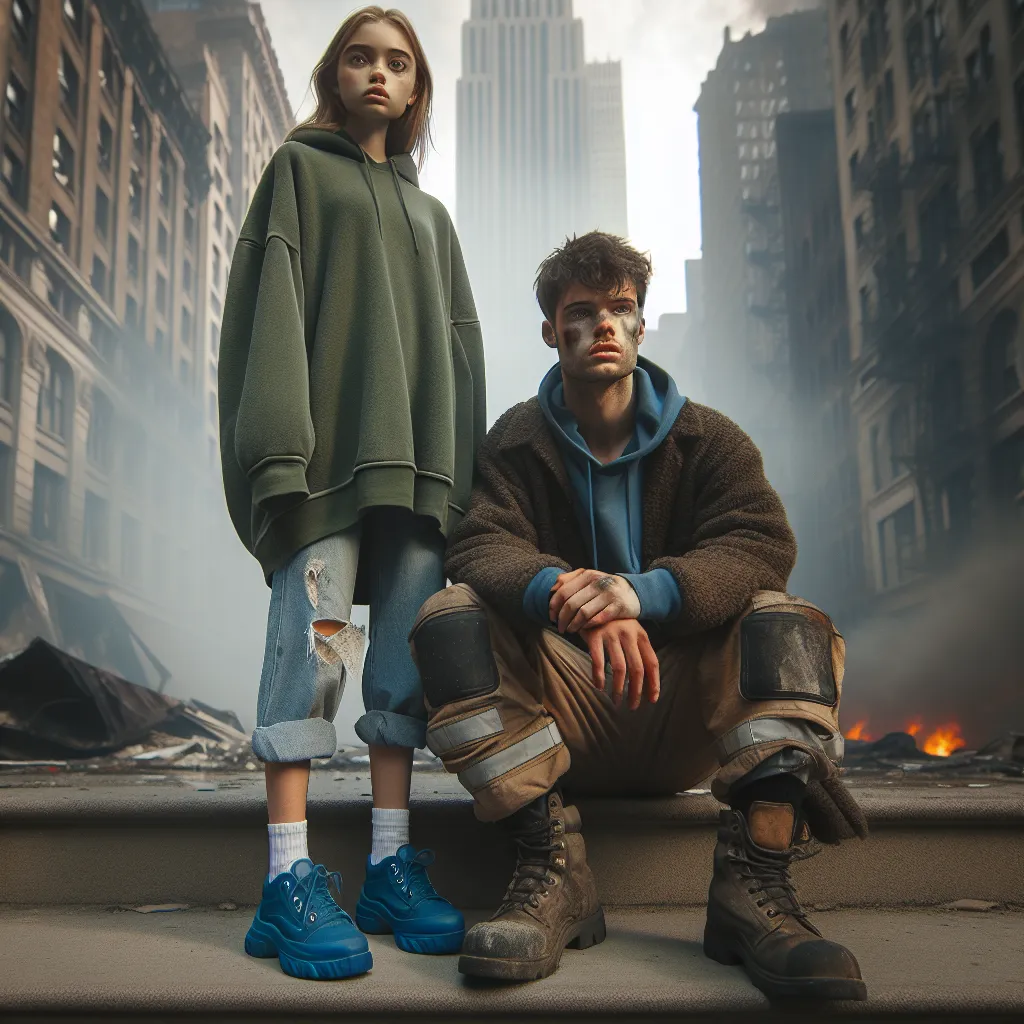 An image of a young woman and man standing together on the steps of a damaged building. The city skyline is in the background, with a haunting orange glow from scattered fires. The woman is wearing an oversized puffy green tee shirt, white panties, blue waistband, and blue shoes with ankle socks. The man is slightly dirty with soot smeared on his face. They stand with resilience, looking towards a new day with determination.