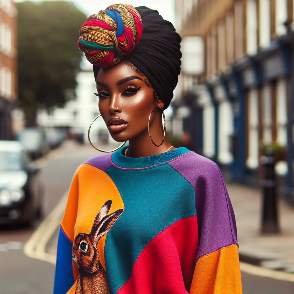 A vibrant image of a confident and stylish African American woman, wearing a turban and a colorful sweatshirt, strutting down the street with a fierce and empowered expression on her face.