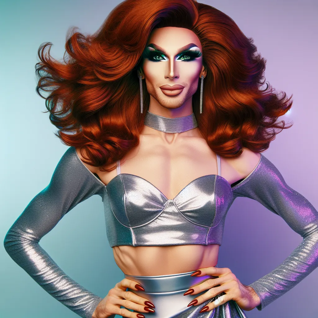 A beautiful and confident drag queen named Olivia, with auburn hair and emerald green eyes, stands tall in a stunning silver crop top and mini-skirt, adorned with vibrant makeup and a perfectly manicured set of red nails. She radiates pride and resilience, representing the transformative power of embracing one's true self amidst a vibrant and accepting community.