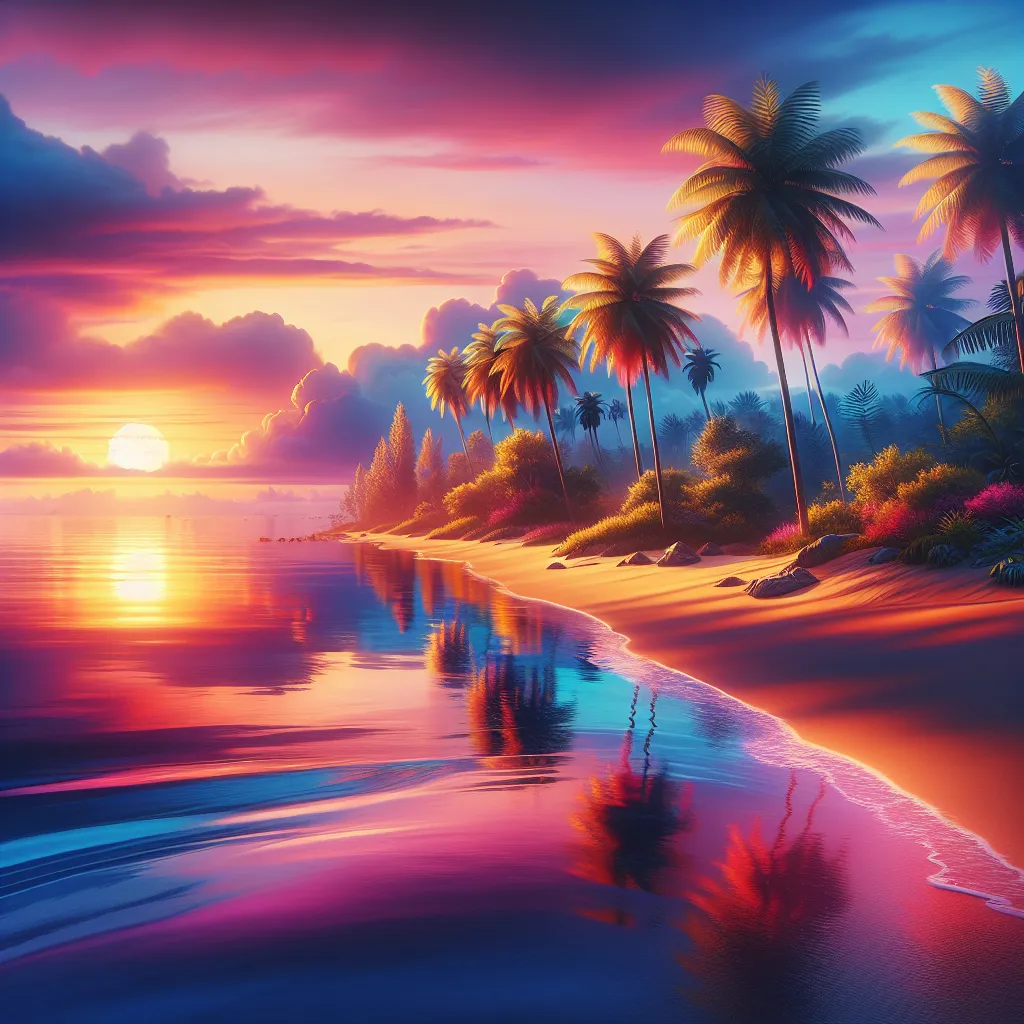 A serene coastal landscape with colorful sunset hues reflecting on the calm waters, casting a gentle glow on the sandy beach and surrounding palm trees.