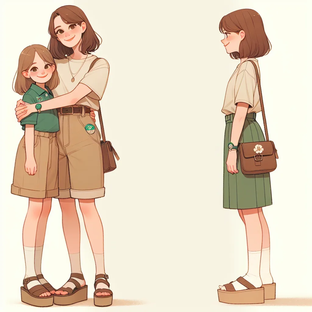 An image of a woman and her daughter standing together, embracing each other with love and strength. The woman, Deborah, has shoulder-length brown hair and is wearing a casual t-shirt and ankle-cut shorts. She is wearing platform sandals and has a leather purse slung over her shoulder. Her daughter, Jessica, is wearing a Girl Scout uniform with a khaki skirt and a green polo shirt. They are smiling and their bond is evident in their expressions.