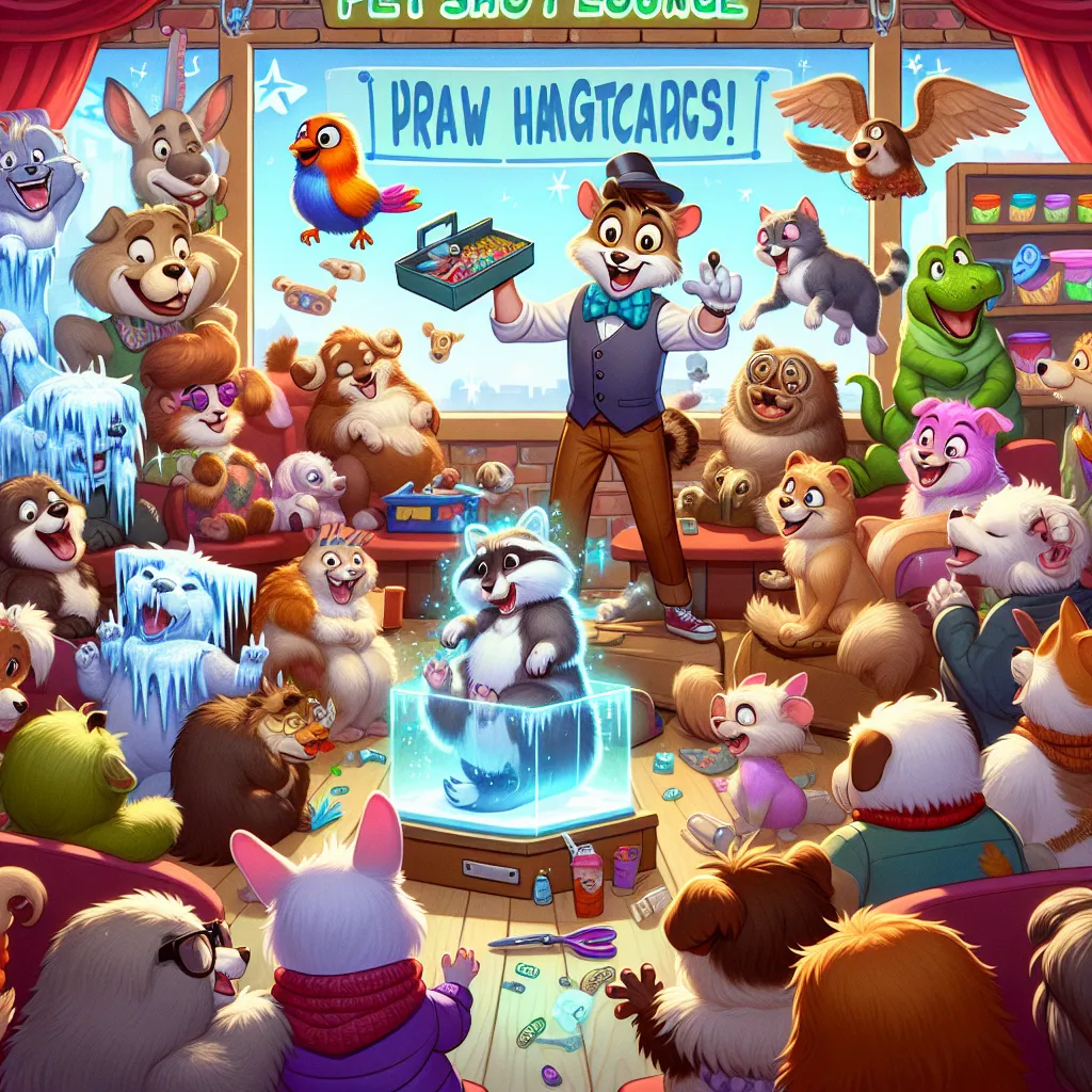 A colorful and chaotic scene in the Littlest Pet Shop lounge as Trip Hamston unveils his Hypno-Prank Kit to the eager pets, resulting in hilarious and whimsical shenanigans. Roxie freezes on command, Jade hilariously transforms into a dog, Bev and Edie swap bodies with comedic consequences, and Quincy becomes an unexpectedly brave goat. The pets rally together for a revenge plot, ultimately restoring order with laughter and camaraderie.