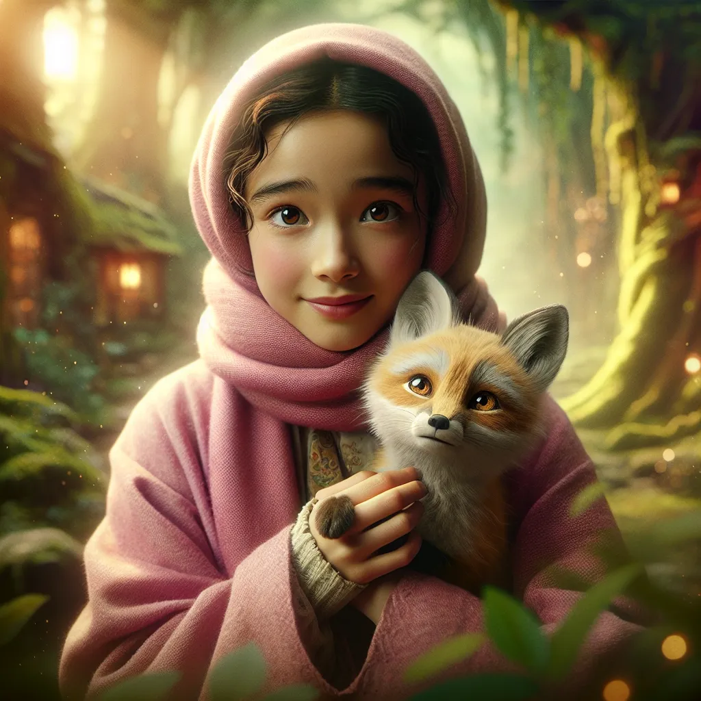 The image will show Amy Rose, a warm-hearted young girl, wrapping her scarf around a shivering two-tailed fox cub in a lush, mystical setting. Amy's expression is kind and nurturing, while the fox cub, now named Tails, looks up at her with a mix of mistrust and yearning in his amber eyes. The scene captures the beginning of a special bond between them before Sonic's arrival.