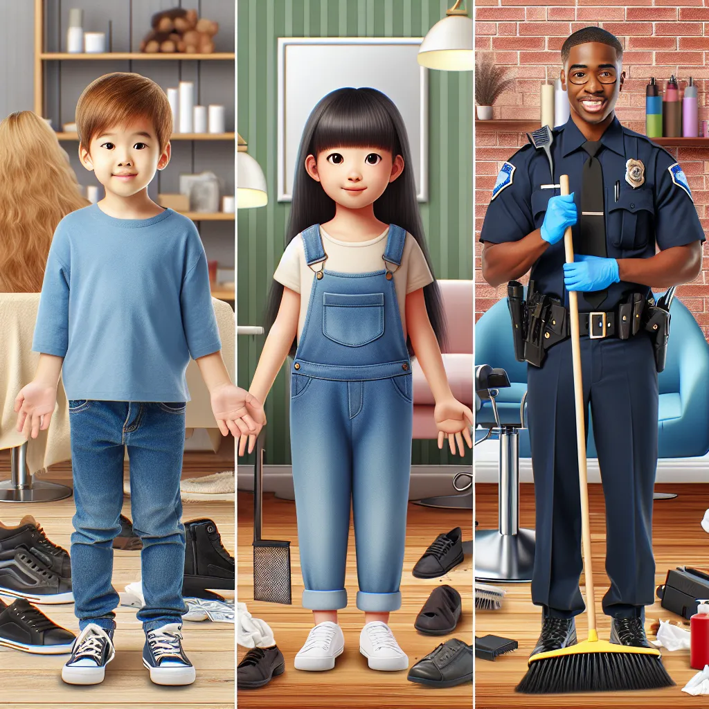 An image of Timmy, Sun-hee, Officer Harrell, and the salon with scattered shoes, hair salon equipment, and a broom and dustpan in the foreground.