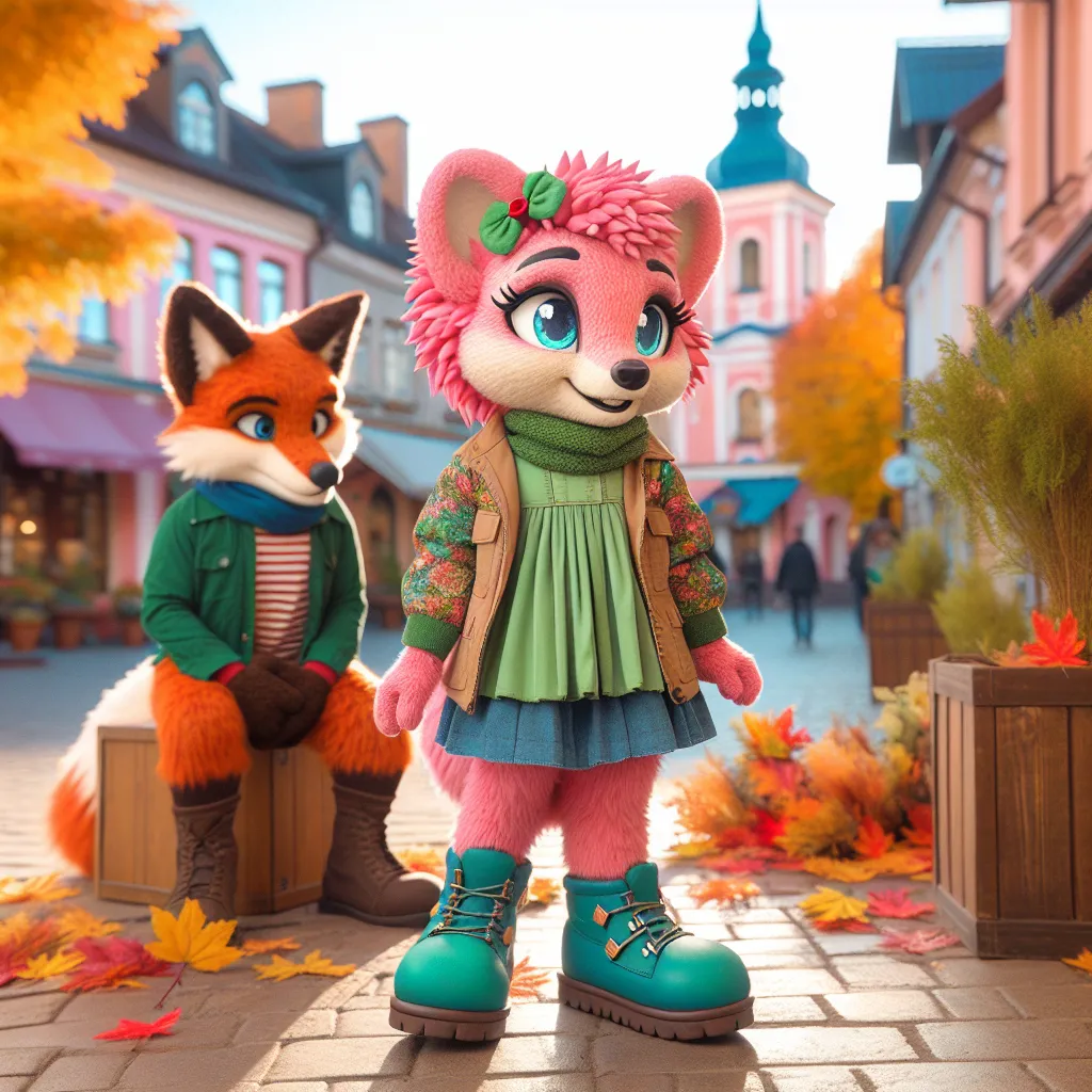 Description: An image showcasing a vibrant autumn scene in Station Square. The image features Amy Rose, a pink hedgehog, standing outside with a nostalgic outfit exuding playfulness and whimsy. With a gust of wind, her orange skirt is snatched away, leaving her in a puffy green shirt, blue shoes, and a red hairband. Tails, an orange fox with two tails, joins her as they embark on a mission to find the missing skirt. The image captures the intrigue and adventure of a mystery storyline in a charmi
