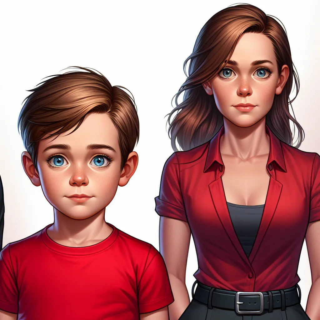 The accompanying image is a digital artwork that depicts a young boy and his mother standing together. The boy, Alex, is a 5-year-old with light brown hair and bright blue eyes. He is wearing a red dress and black stiletto heels with ankle straps, but looks uncomfortable. His mother, Lisa, is a young woman with auburn hair and hazel eyes. She stands taller than Alex, with a concerned expression on her face. The image captures the moment of their unexpected body swap and the emotional challenges 