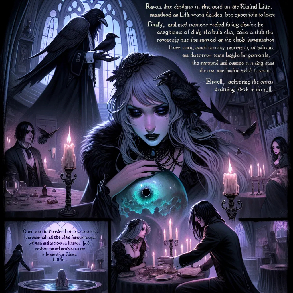 In the image, a woman named Raven stands alone in the dimly lit attic of her goth club, Midnight Rose. Relics and reminders of her sister, Lilith, surround her. Tonight, on the second anniversary of Lilith's disappearance, Raven is filled with a deep ache in her chest. As a masquerade unfolds on the club's main floor, Raven's eyes are drawn to a mysterious man in a black coat with long, pale hair. His ice-blue eyes seem to hold ancient secrets. Raven approaches him, and his name is revealed to b