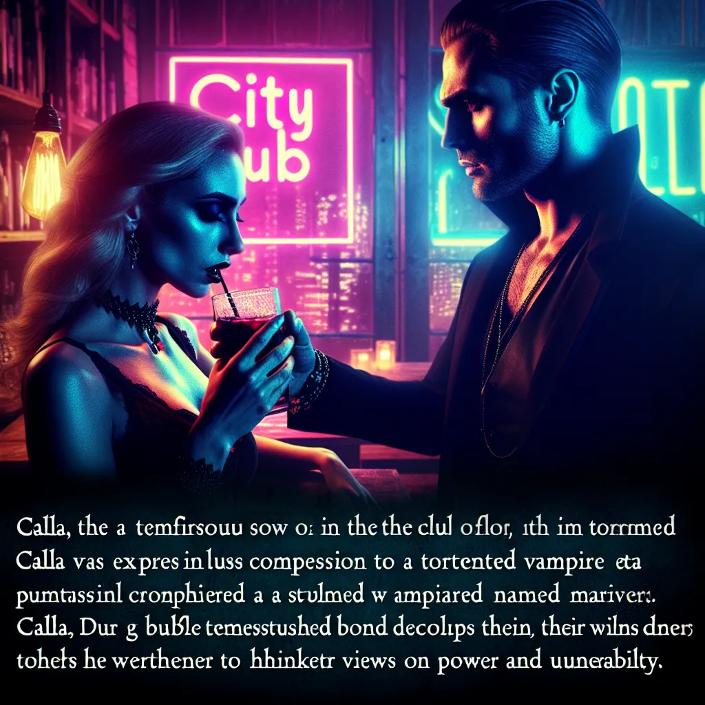 A mysterious scene unfolds in a neon-lit city club as Calla, the enigmatic owner, offers mercy to a haunted vampire named Maris. Amidst a stormy night, a fragile yet powerful connection forms between them, challenging perceptions of power and vulnerability.