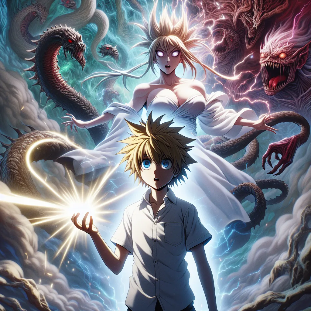 The image will depict Naruto, who is now transformed into Naruko, standing within a mindscape surrounded by swirling energy and shadows. In the background, the monstrous Nine-Tails looms, and in front of Naruto/Naruko stands Kushina, Naruto's mother, with a beam of radiant light emanating from her fingertips, symbolizing the transformation process. The image captures the horror and emotional turmoil of Naruto's forced metamorphosis into Naruko, highlighting the struggle between acceptance and re