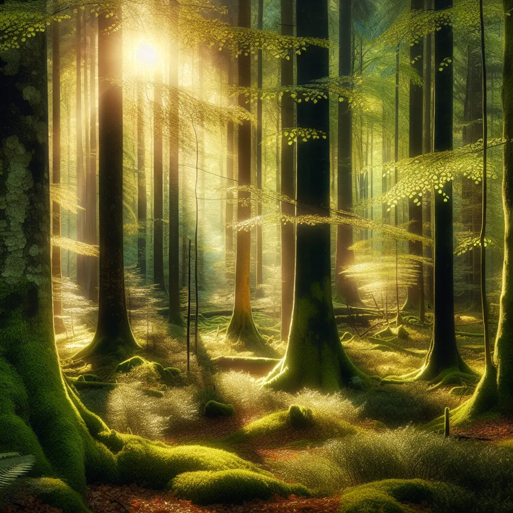 A mystical forest with sunlight filtering through the trees, creating a whimsical and enchanting atmosphere.