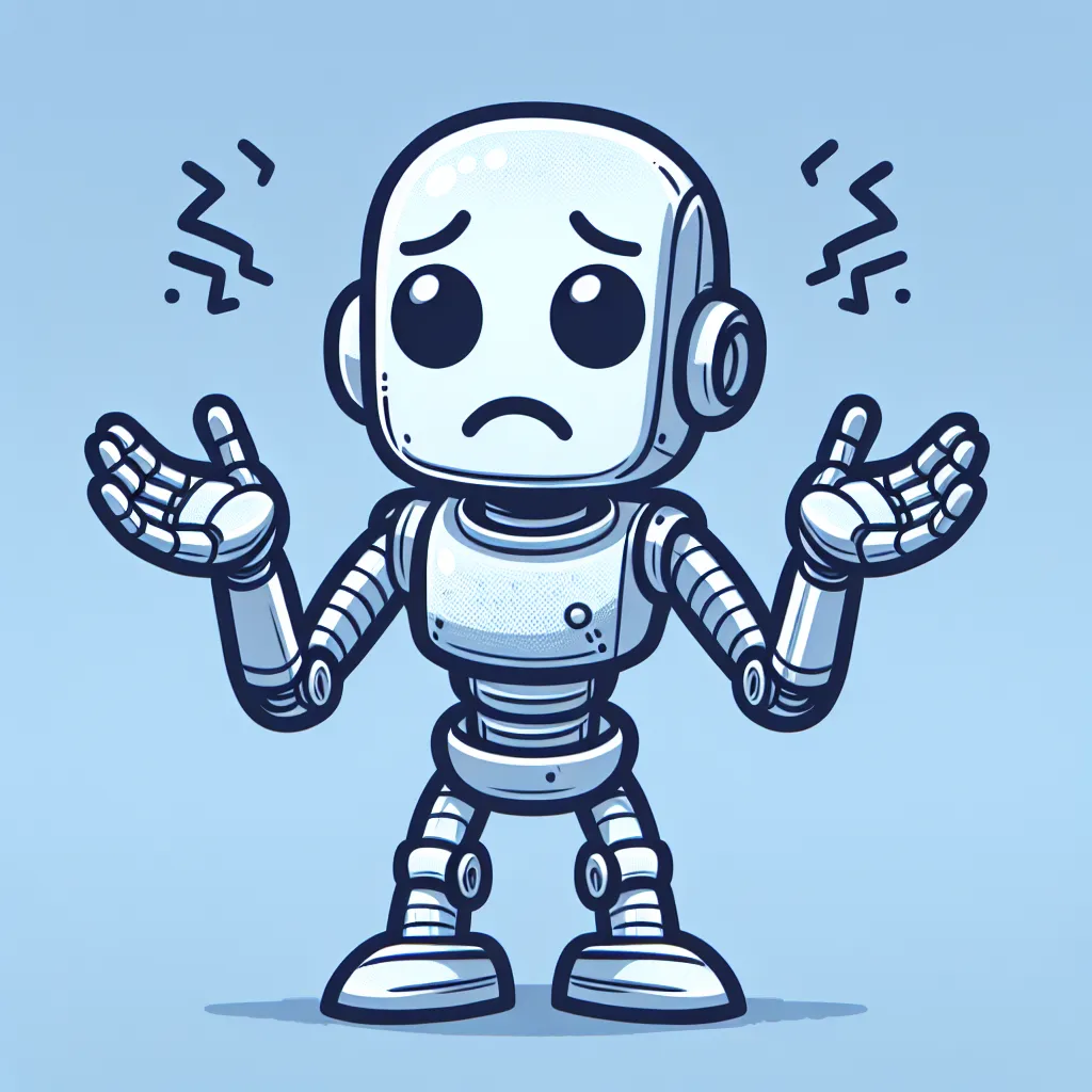 A frustrated robot with a sad expression, holding up its hands as if saying "sorry, but I can't fulfill that request."