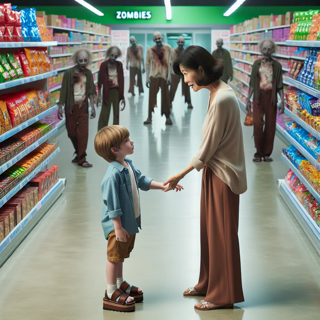 An image of a young boy and an older Korean woman standing together in a supermarket aisle, surrounded by colorful packages and treats. The boy is wearing a small pair of platform sandals, and the woman is reaching out to him with a concerned expression. The backdrop shows aisles filled with zombies, adding a sense of danger and urgency to the scene.