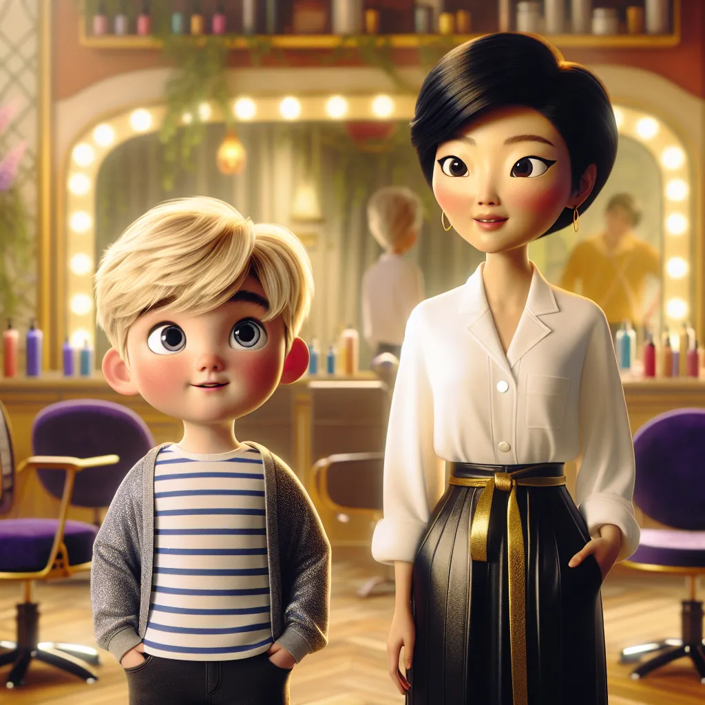 A magical tale of a little boy, Oliver, who undergoes a mysterious body swap at a salon with stylist Eun-ji. The image accompanying this story should depict Oliver as a young boy with blond hair and rosy cheeks, standing beside the older Korean woman, Eun-ji, who now inhabits his body. Their expressions should convey the confusion and curiosity of this unexpected transformation.