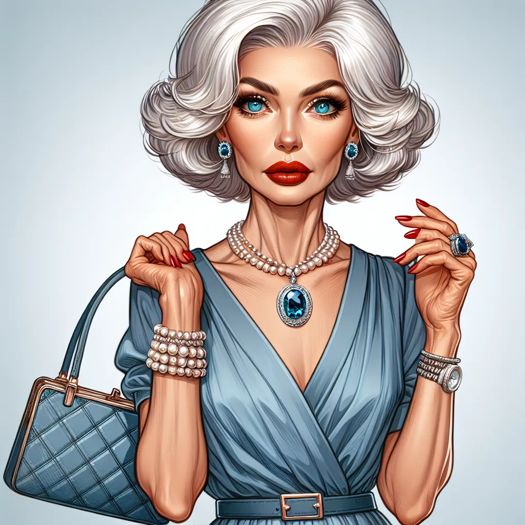 Beatrice Thompson, an elegant and sophisticated woman in her 80s, wears a blue dress and platform sandals as she clutches her purse. She exudes confidence and grace, her silver bob framing her turquoise eyes. Her outfit is complemented by exquisite jewelry, including a diamond bracelet, pearl earrings, and a sapphire pendant necklace. Beatrice's well-manicured nails match her popping red lipstick, and she wears oversized sunglasses to complete her stylish ensemble.