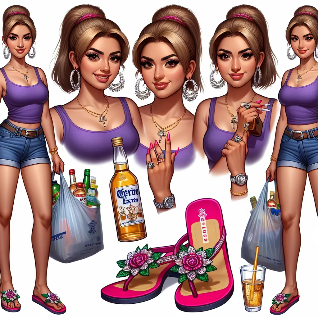 A generated image for this story could depict a woman in her mid-30s with a Mexican heritage. She has straight, blonde hair tied up in a bun and is wearing a purple tank top and denim shorts. She has a pair of bright pink flip-flops with rhinestone flowers on the straps. The woman is accessorized with hoop earrings, a gold necklace, a silver bracelet, a ring on her right hand, a watch, and a wedding ring on her left hand. She is holding groceries and a bag with bottles of tequila. The image port