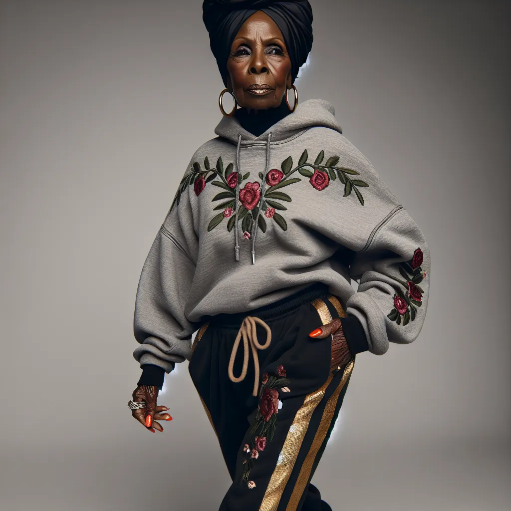 An image of a confident African American woman in her golden years, wearing a cozy gray sweatshirt adorned with floral embroidery, black sweatpants with gold stripes, and worn black flip flops. She has a glossy black turban on her head and her nails are painted a striking bright orange. Her posture exudes sass and confidence as she struts confidently with a determined look on her face.