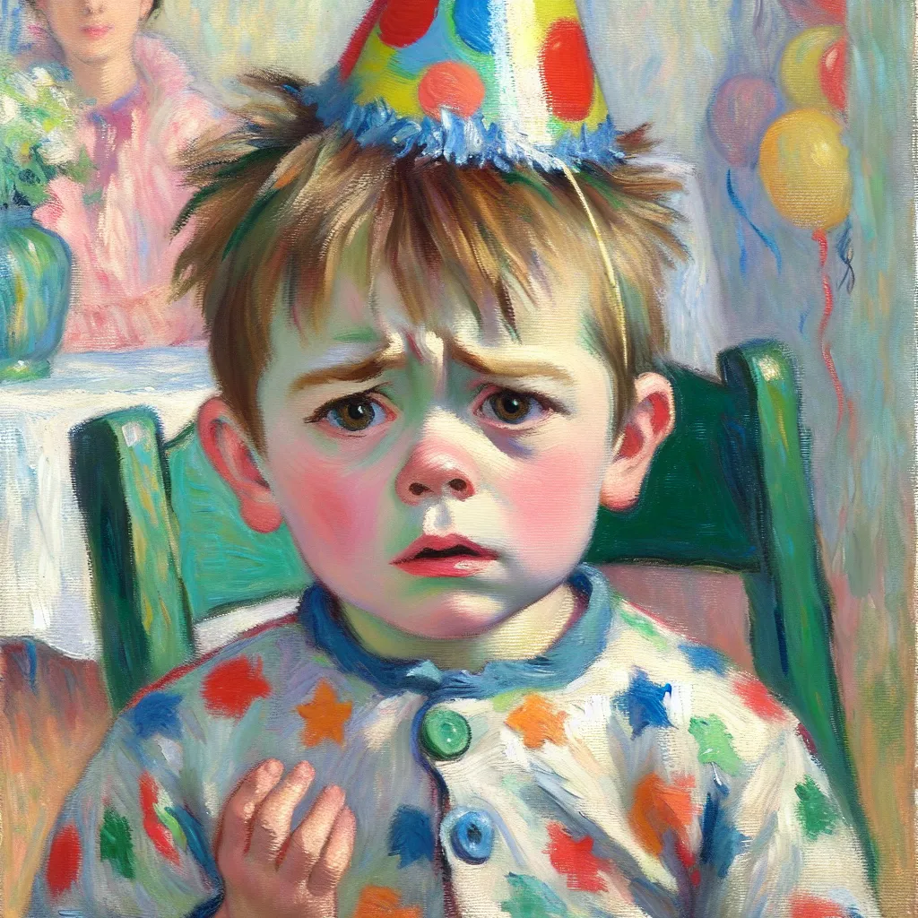 Body swap, Young boy, Birthday, Outfit, Confusion in the style of Monet