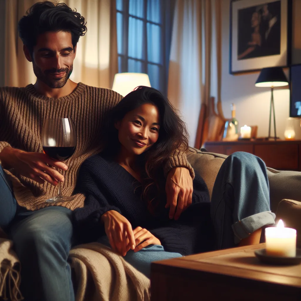 A cozy living room scene: A woman in a midnight-blue sweater and jeans sits on a plush couch, cradling a glass of wine. Beside her, a man exudes a quiet, kinetic comfort, their shared laughter and intimacy palpable. Soft lamplight and a movie playing in the background add to the warm ambiance.