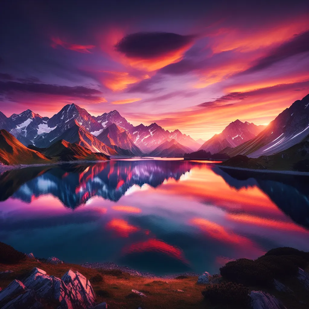A serene mountain landscape at sunset, with vivid hues of orange and purple reflecting on a calm lake surrounded by the peaks of snow-capped mountains.