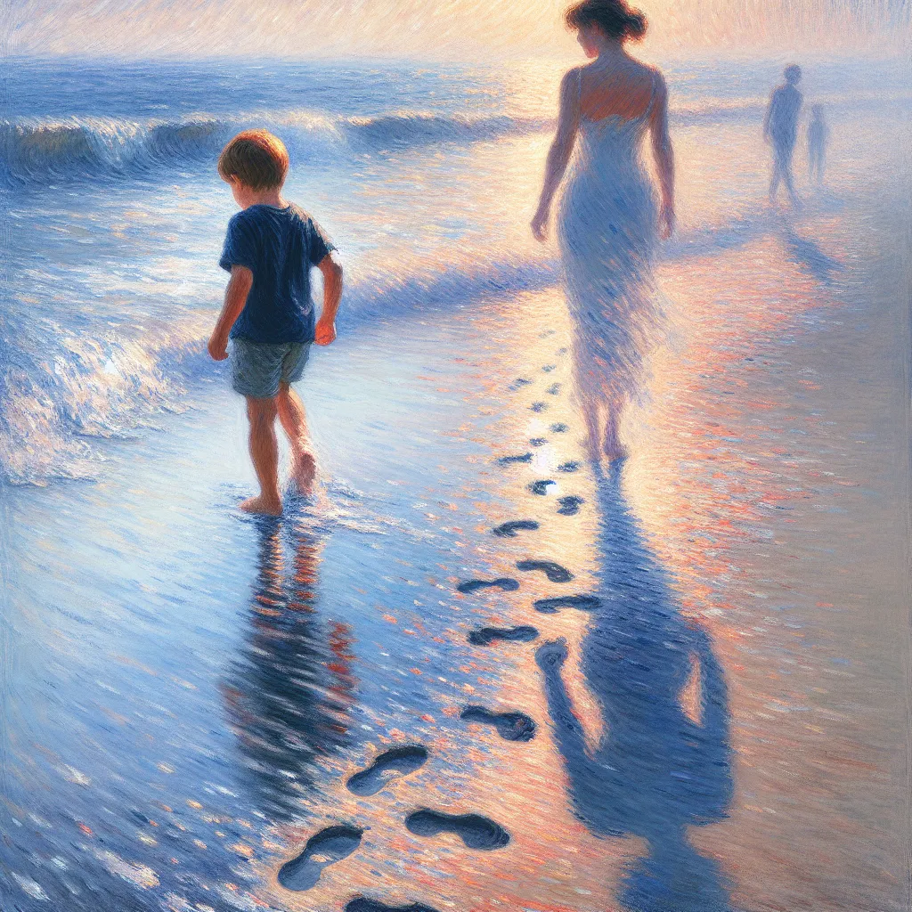 Boy, Mother, Transformation, Beach, Growth in the style of Monet