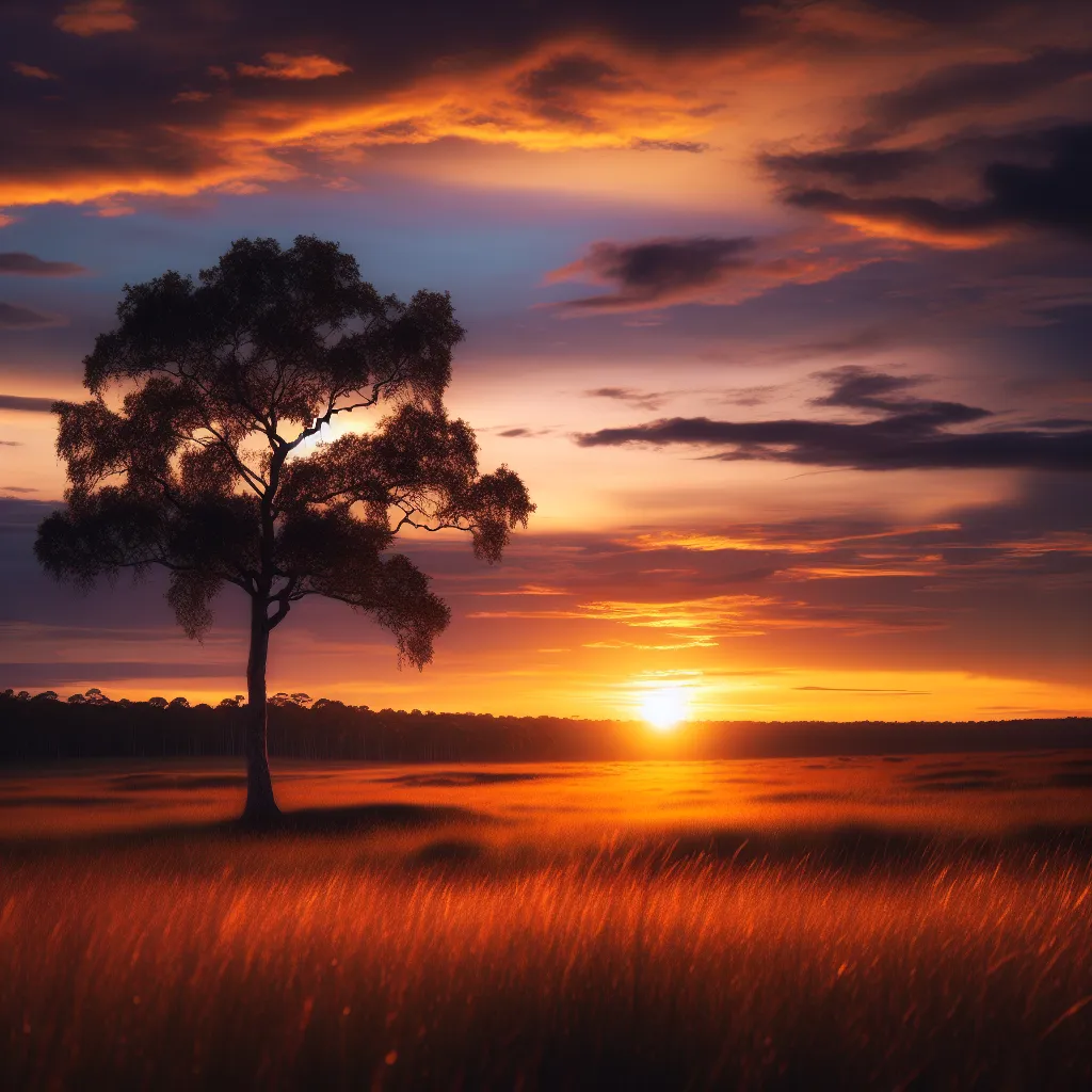 A serene, golden sunset over a vast meadow, with a lone tree standing strong in the foreground.