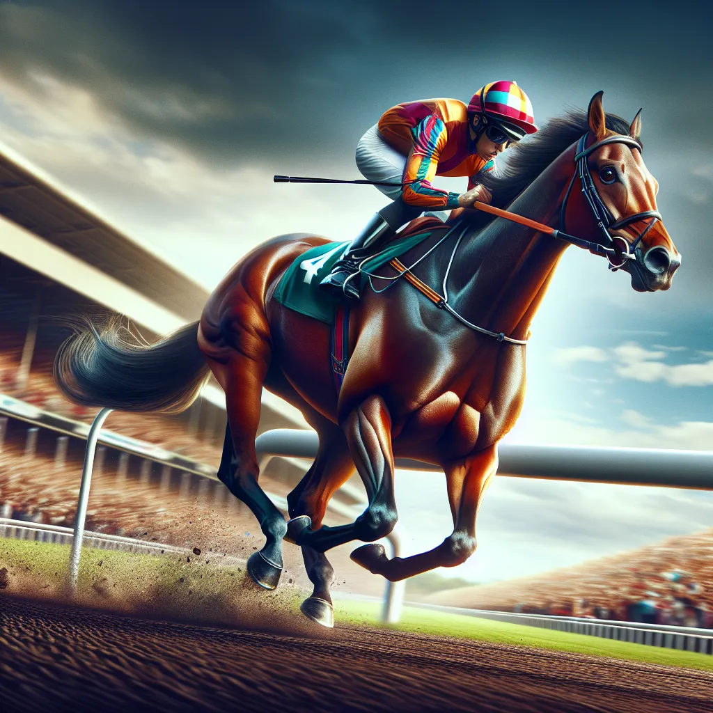 An image generated by DALLE could depict a chestnut filly racing towards the finish line, her body elongated and sleek, muscles rippling with power and determination. The jockey atop her is dressed in vibrant racing colors, holding tightly to the reins as they both push to their limits. The scene is set on a racetrack, with spectators in the background and the finish line in sight, capturing the intensity and struggle of their unexpected journey.