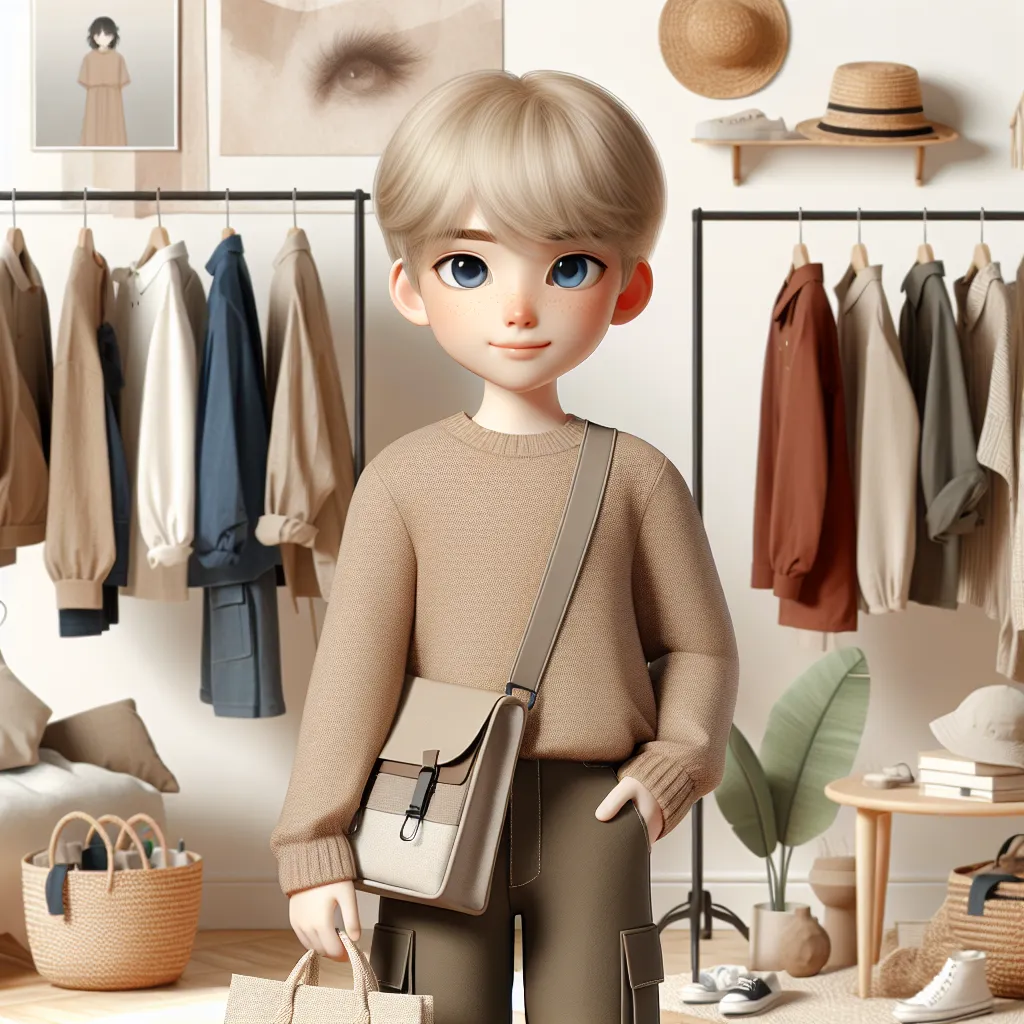 An image depicting a young boy with blonde hair and blue eyes standing in a bedroom, surrounded by feminine clothing and accessories, while holding a woman's purse.