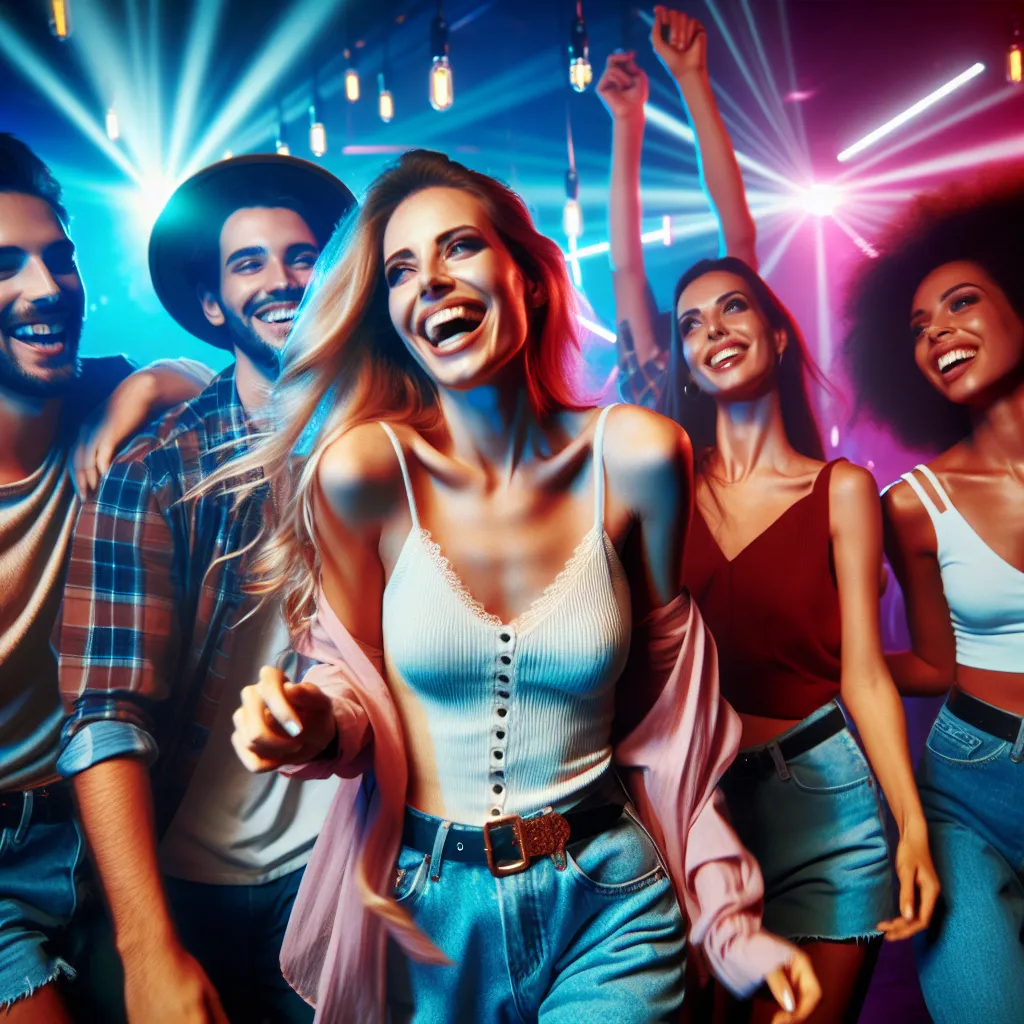 A group of friends, including Jasmine, a confident and joyful woman, enjoy a night out at a vibrant club, filled with neon lights and energetic music. They dance, laugh, and create unforgettable memories together, embracing the joy of friendship and the excitement of new experiences. This image depicts a moment of celebration and connection in the bustling club scene, with Jasmine and her friends dancing and enjoying the vibrant atmosphere.