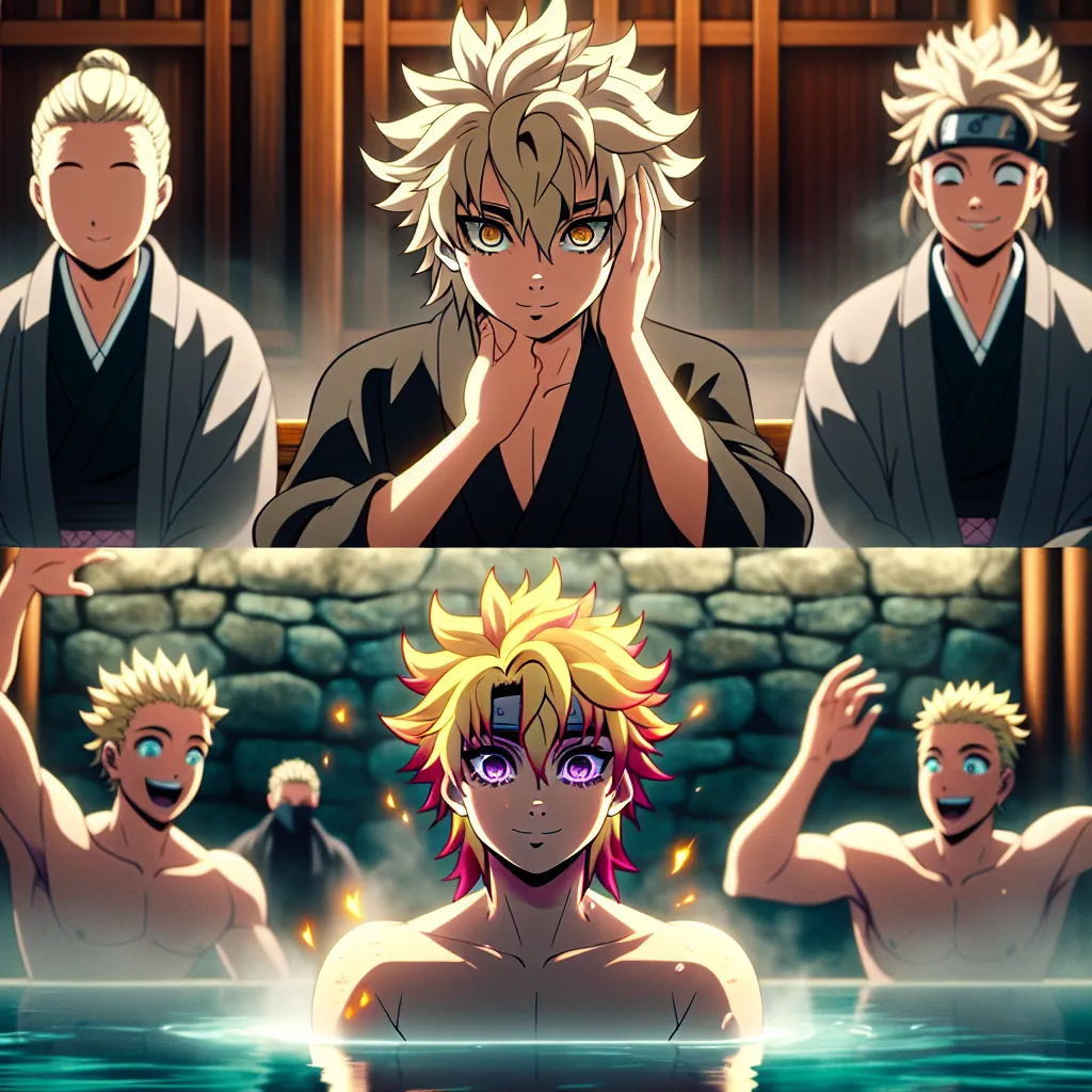 The image accompanying this story could depict Naruto Uzumaki, the blond, spiky-haired ninja, undergoing a dramatic transformation in a hot spring. The image could showcase the changes taking place in Naruto's appearance as his hair turns fiery red and his eyes transform into a deep, lustrous violet. It could also represent his increasing panic and desperation as he pleads for help, only to be met with indifference from his friends. Ultimately, the image could capture the moment when Naruto full