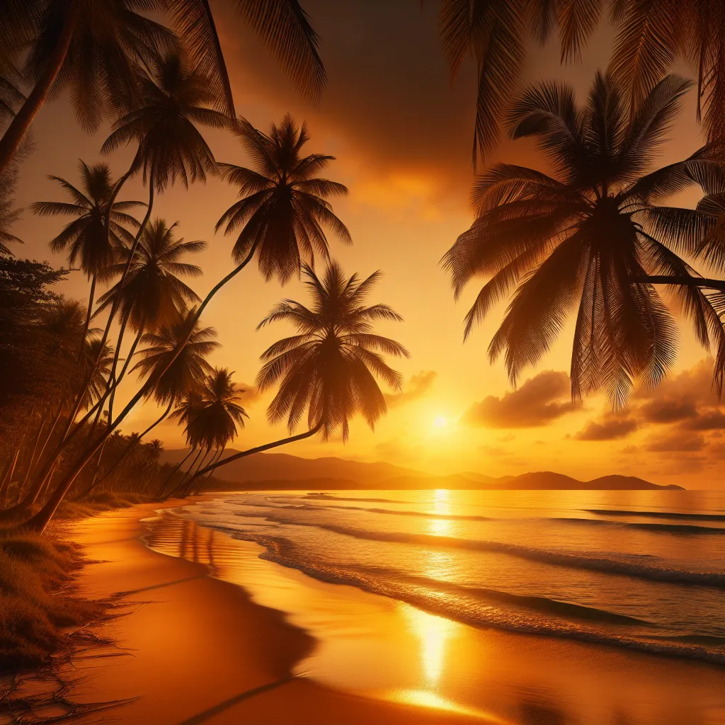 A serene beach at sunset, with golden hues reflecting in the calm ocean as palm trees sway gently in the breeze.