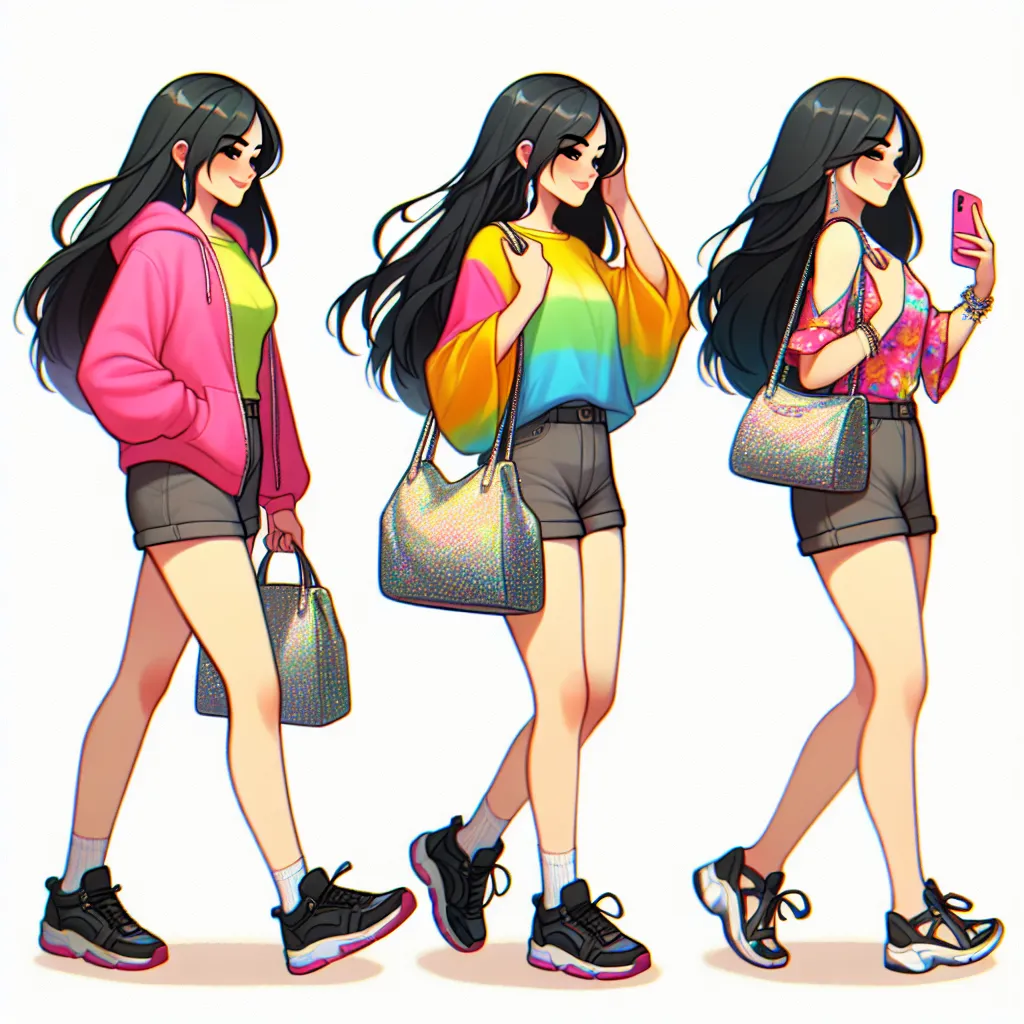 The image accompanying this story is of Ethan's transformation into Emily, a teenage girl. Emily confidently walks down the street, dressed in a bright pink crop top, short shorts, and delicate sandals. She carries an oversized glittery handbag and wears sparkly accessories. Her long, silky black hair flows as she poses and takes selfies with a flirtatious expression. Emily radiates confidence and embodies her new identity as a young adult female.